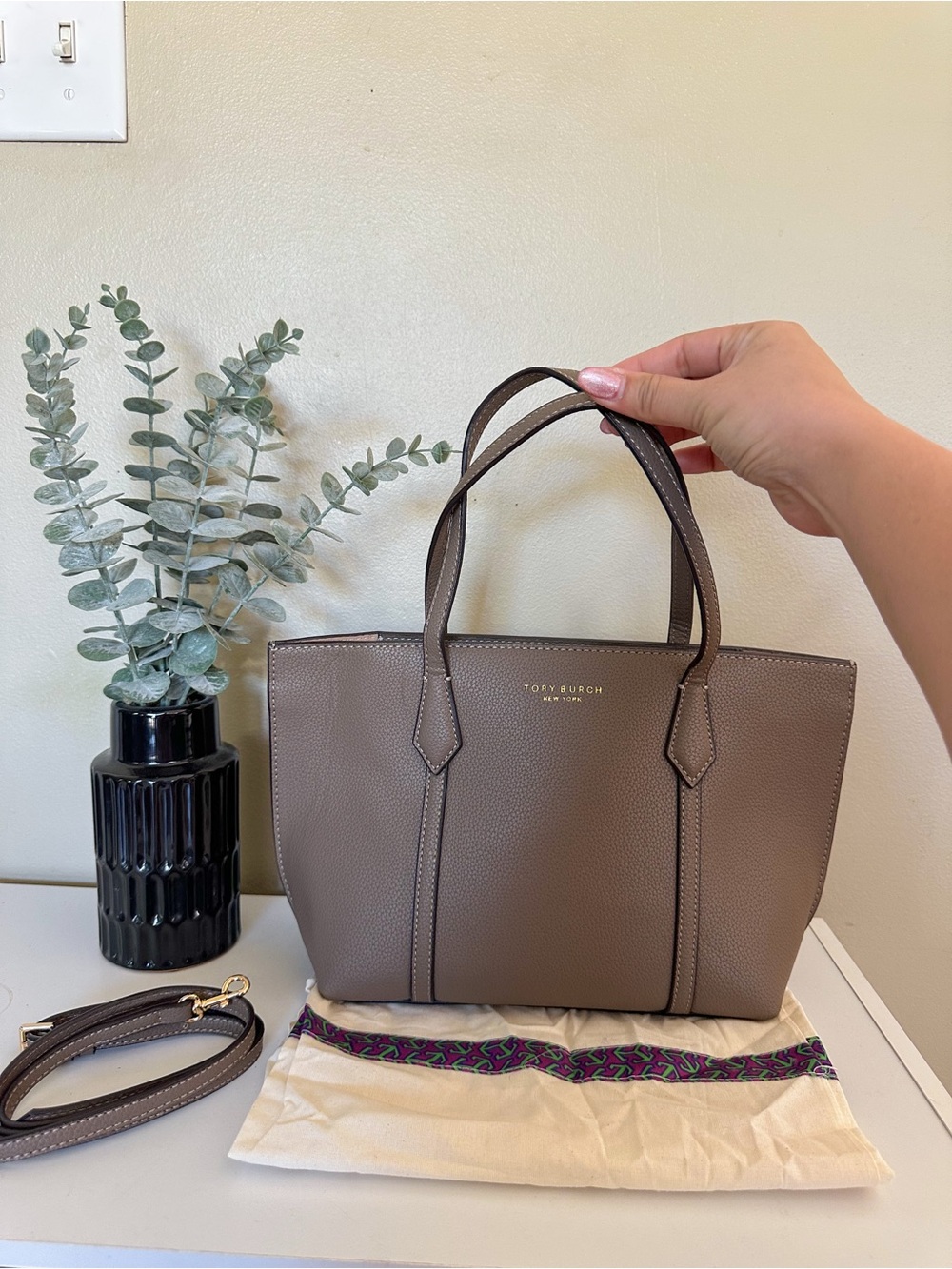 Tory Burch Pebbled Leather Small Tote in Taupe